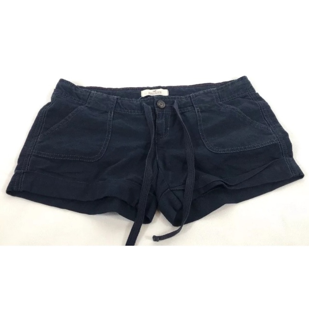 Hollister Women’s Jr 1 Shorts Linen Navy Blue Tie
